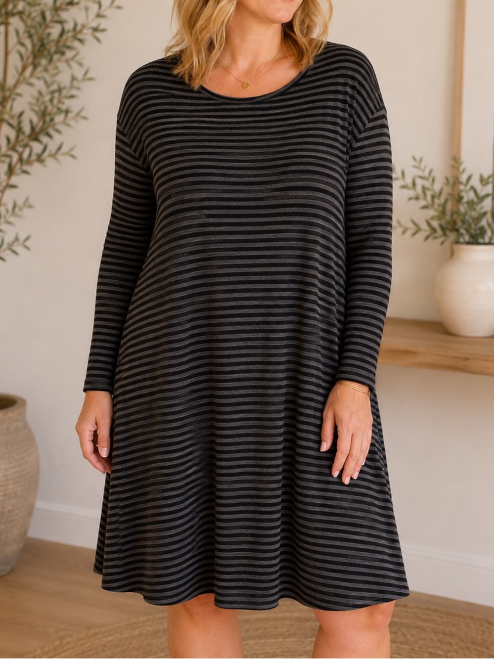 Buttercream Clothing 3X Black & Grey Striped A-Line Swing Dress Made in Canada